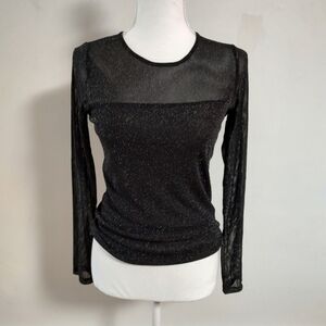 Les Serien Black Shimmer Sheer Long Sleeve Fitted Top Small NWT